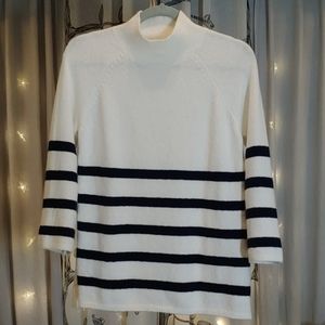 LOFT high neck, white strap sweater with buttons